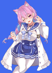 Rule 34 | 1girl, ;d, ahoge, anchor symbol, animal ear fluff, animal ears, asymmetrical hair, blue background, blue choker, blue hair, blue nails, blue ribbon, blue skirt, blush, braid, breasts, buttons, cat ears, choker, coat, collar, commentary, eyelashes, fang, feet out of frame, french braid, frilled collar, frills, hair between eyes, highres, hololive, iroha (unyun), large breasts, light blue hair, long hair, looking at viewer, minato aqua, minato aqua (sailor), miniskirt, multicolored hair, nail polish, official alternate costume, one eye closed, open clothes, open coat, open mouth, pantyhose, pink hair, pleated skirt, purple eyes, ribbon, sailor collar, shirt, simple background, skin fang, skirt, smile, solo, standing, streaked hair, twin braids, twintails, two-tone hair, virtual youtuber, white coat, white pantyhose, white shirt