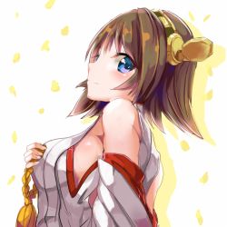 Rule 34 | 10s, 1girl, blue eyes, blush, breast hold, breasts, brown hair, detached sleeves, hand on own chest, headgear, hiei (kancolle), kantai collection, large breasts, looking at viewer, nontraditional miko, profile, short hair, smile, solo, st on, upper body