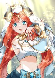 Rule 34 | 1girl, :d, aqua eyes, bare shoulders, blue nails, blurry, blurry background, brooch, clothing cutout, crop top, dancer, day, forehead jewel, genshin impact, gold trim, highres, horns, jewelry, long hair, long sleeves, looking at viewer, nail polish, neck ring, nilou (genshin impact), open mouth, outdoors, puffy long sleeves, puffy sleeves, red hair, smile, solo, stomach, sunlight, twintails, vambraces, veil, vision (genshin impact), white headdress, y0moru