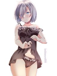 Rule 34 | 1girl, bad id, bad pixiv id, black dress, black panties, blue eyes, breasts, clothes lift, commentary request, cowboy shot, dress, dress lift, frilled panties, frills, hair ornament, hair over one eye, hairclip, hamakaze (kancolle), highres, kantai collection, kukimaru, looking at viewer, medium breasts, panties, short hair, silver hair, simple background, solo, twitter username, underwear, white background