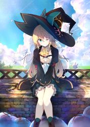 Rule 34 | 1girl, ;), @ @, aizawa azusa, benio (dontsugel), blonde hair, blue eyes, blue sky, boots, braid, brick, cloud, cloudy sky, cover, cover page, dagger, day, detached collar, eyebrows, french braid, hair between eyes, hair ornament, hat, hug, knees together feet apart, knife, large hat, long hair, long sleeves, nmaaaaa, novel cover, hugging object, one eye closed, own hands together, puffy long sleeves, puffy sleeves, red ribbon, ribbon, sitting, skirt, sky, slime (creature), slime taoshite 300 nen shiranai uchi ni level max ni nattemashita, smile, solo, v arms, weapon, witch, witch hat, | |