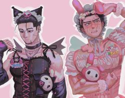 Rule 34 | 2boys, animal ears, arm warmers, black choker, black eyes, black hair, bonnet, brown eyes, choker, clenched hand, cosplay, cross-laced clothes, crossdressing, dress, facial hair, facial scar, fake animal ears, golden kamuy, hair slicked back, hand up, highres, jewelry, kuromi, kuromi (cosplay), lock, male focus, multiple boys, muscular, muscular male, my melody, my melody (cosplay), necklace, ogata hyakunosuke, onegai my melody, pink background, pink dress, sanrio, scar, scar on cheek, scar on face, scar on nose, shiba!! (3e t6), short sleeves, stubble, stuffed toy, sugimoto saichi, sweatdrop, upper body