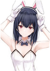 Rule 34 | 1girl, animal ears, armpits, bare arms, bare shoulders, black hair, breasts, rabbit ears, closed mouth, detached collar, fake animal ears, gloves, hairband, hands up, idolmaster, idolmaster shiny colors, leotard, long hair, looking at viewer, morino rinze, nannacy7, playboy bunny, red eyes, simple background, small breasts, smile, solo, spaghetti strap, upper body, white background, white gloves, white leotard