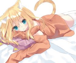 Rule 34 | 1girl, :t, animal ear fluff, animal ears, aqua eyes, bare shoulders, bed sheet, blonde hair, blush, cat ears, cat girl, cat tail, closed mouth, commentary request, hair between eyes, hamaru (s5625t), head tilt, long hair, long sleeves, looking at viewer, lying, off shoulder, on stomach, orange shirt, original, pillow, pout, shirt, sleeves past fingers, sleeves past wrists, solo, tail, tail raised, thighhighs, white thighhighs