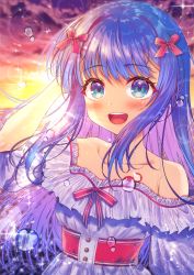 Rule 34 | 1girl, :d, bad id, bad pixiv id, bare shoulders, blue hair, blurry, blurry background, blush, bow, collarbone, commentary request, depth of field, dress, frilled dress, frills, green eyes, hair bow, hand in own hair, hand up, highres, honami (yths4221), long hair, moe2020, multicolored hair, off-shoulder dress, off shoulder, open mouth, original, outdoors, pink hair, red bow, round teeth, smile, solo, sparkle, striped, striped bow, sunset, teeth, two-tone hair, upper body, upper teeth only, very long hair, water drop, white dress