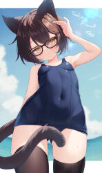 Rule 34 | 1girl, :|, animal ear fluff, animal ears, bag, beach, black thighhighs, blush, breasts, brown hair, cameltoe, cat ears, cat girl, cat tail, closed mouth, convenient censoring, cowboy shot, detached sleeves, double-parted bangs, from below, glasses, hair between eyes, hand in own hair, head tilt, highres, looking at viewer, orange eyes, original, school swimsuit, sese nagi, short hair, small breasts, solo, sweat, swimsuit, tail, tail censor, thighhighs, thighs