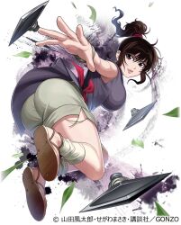 Rule 34 | 00s, 1girl, action, ankle wrap, ass, basilisk (manga), breasts, brown hair, cleavage, floating hair, grin, highres, japanese clothes, jumping, kunai, large breasts, official art, okoi, ponytail, sandals, segawa masaki, shorts, smile, solo, squatting, weapon