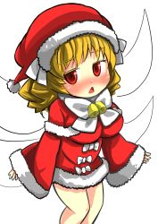 Rule 34 | 1girl, blonde hair, blush, chestnut mouth, fairy wings, gaoo (frpjx283), hat, highres, luna child, miniskirt, open mouth, red eyes, santa costume, santa hat, skirt, solo, touhou, wings
