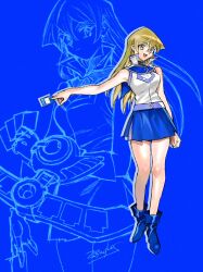Rule 34 | 1girl, 203wolves, ankle boots, artist name, bare arms, bare legs, blonde hair, blue background, blue footwear, blue skirt, boots, breasts, buttons, card, duel academy uniform (yu-gi-oh! gx), duel disk, full body, highres, holding, long hair, long legs, looking at viewer, medium breasts, miniskirt, multiple views, open mouth, pencil skirt, sailor collar, signature, simple background, skirt, sleeveless, smile, standing, tenjouin asuka, uniform, yellow eyes, yu-gi-oh!, yu-gi-oh! gx