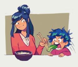 Rule 34 | 1boy, 1girl, aged down, blue hair, boku no hero academia, border, bowl, breasts, brown background, child, chopsticks, closed mouth, comic, commentary, english commentary, feeding, fenkko, food, freckles, hair bun, holding, holding chopsticks, long hair, long sleeves, looking at another, medium breasts, midoriya inko, midoriya izuku, mother and son, open mouth, outside border, red shirt, shirt, short hair, simple background, single hair bun, smile, teeth, upper body, white border