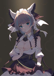 Rule 34 | 1girl, aqua nails, azur lane, backlighting, bare shoulders, black skirt, blunt bangs, blurry, bokeh, breasts, cheshire (azur lane), cleavage, commentary request, curled fingers, depth of field, dress, frilled skirt, frills, gold trim, grey hair, gumifans, highres, large breasts, lifted by self, long hair, looking at viewer, maid, maid headdress, multicolored hair, nail polish, off-shoulder dress, off shoulder, parted lips, shadow, skirt, solo, streaked hair, tassel, two-tone hair, upper body, white dress