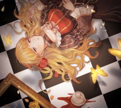 Rule 34 | 1girl, beatrice (umineko), blonde hair, blue eyes, bow, broken cup, bug, butterfly, checkered floor, choker, cup, dress, gensou aporo, hair ornament, insect, long hair, long sleeves, puffy sleeves, teacup, umineko no naku koro ni, yellow butterfly