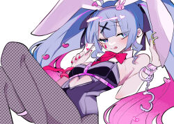 Rule 34 | 1girl, animal ears, asagiri 0211, bare shoulders, black ribbon, blue eyes, blue hair, blunt bangs, bow, bowtie, breasts, card, closed mouth, clothing cutout, collar, colored inner hair, cuffs, cutout above navel, facial mark, fake animal ears, feet out of frame, fishnet pantyhose, fishnets, hair ornament, hair ribbon, handcuff dangle, handcuffs, hatsune miku, heart, heart cutout, heart hair ornament, holding, holding card, knees up, leotard, long hair, looking to the side, medium breasts, multicolored hair, nail polish, necktie, pantyhose, pink hair, playboy bunny, rabbit ears, rabbit hair ornament, rabbit hole (vocaloid), red bow, red bowtie, red nails, red necktie, ribbon, sitting, sleeveless, solo, teardrop facial mark, tongue, tongue out, twintails, very long hair, vocaloid, white background, white collar, x hair ornament
