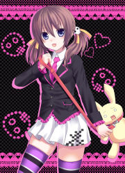 Rule 34 | 1girl, blazer, blue eyes, brown hair, hair ornament, heart, highres, ikeda yuuki, jacket, leash, md5 mismatch, necktie, open mouth, original, skirt, skull, solo, striped clothes, striped thighhighs, stuffed animal, stuffed rabbit, stuffed toy, thighhighs, twintails