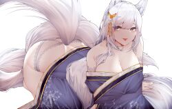 Rule 34 | 1girl, absurdres, animal ear fluff, animal ears, ass, azur lane, bare shoulders, blue eyes, breasts, cleavage, gold trim, highres, lace, lace-trimmed panties, lace trim, large breasts, large tail, long hair, panties, samip, shinano (azur lane), simple background, slit pupils, solo, tail, tongue, tongue out, underwear, very long hair, white background, white hair, white panties, white tail