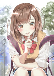 Rule 34 | 1girl, blush, bow, bowtie, brown eyes, brown hair, bug, butterfly, head tilt, insect, kinugasa yuuichi, long hair, looking at viewer, original, outdoors, parted lips, school uniform, shirt, sitting, smile, solo, squatting, teeth, vest, white shirt