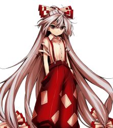 Rule 34 | 1girl, albino, bow, expressionless, flat chest, fujiwara no mokou, hands in pockets, harukawa moe, long hair, official art, red eyes, silver hair, solo, suspenders, torn clothes, torn sleeves, touhou, transparent background, urban legend in limbo, very long hair