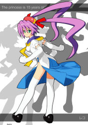 Rule 34 | 1girl, artist request, blue sailor collar, bow, cave (developer), character name, english text, full body, gloves, green eyes, hair ribbon, hat, long hair, mushihime-sama, necktie, purple hair, reco, ribbon, sailor collar, shoes, silhouette, skirt, smile, solo, thighhighs, twintails, white gloves, white thighhighs