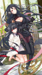 Rule 34 | 2girls, ankle bell, bad id, bad pixiv id, barefoot, bell, black dress, black footwear, black gloves, black hair, black legwear, boots, breasts, brown legwear, cleavage, cleavage cutout, clothing cutout, copyright request, day, dress, fence, gloves, hair between eyes, hair ornament, hand on hilt, highres, katana, lloule, long hair, long sleeves, medium breasts, multiple girls, outdoors, pantyhose, parted lips, pleated dress, purple dress, red eyes, roman numeral, sheath, sheathed, sleeves past fingers, sleeves past wrists, sword, thigh boots, thighhighs, toenails, two side up, very long hair, weapon, wide sleeves