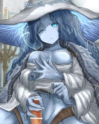 Rule 34 | 1girl, absurdres, bar censor, blue eyes, blue skin, breasts, candle, censored, cloak, colored skin, convenient censoring, cracked skin, elden ring, extra arms, extra faces, frown, fur cloak, girl on top, handjob, hat, highres, large hat, leogust, medium breasts, mosaic censoring, no nipples, no panties, one eye closed, penis, ranni the witch, underboob, witch hat