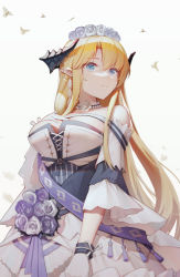 Rule 34 | 1girl, absurdres, arknights, bare shoulders, blonde hair, blue eyes, breasts, commentary, dress, flower, gloves, hand on own chest, head wreath, highres, horns, jean.organ, large breasts, long hair, looking at viewer, off-shoulder dress, off shoulder, official alternate costume, pointy ears, rose, saileach (appreciate fragrance) (arknights), saileach (arknights), short sleeves, smile, solo, upper body, very long hair, white background, white dress, white flower, white gloves, white rose