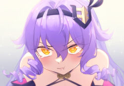 Rule 34 | 1girl, annoyed, bare shoulders, blush, gradient background, hairband, honkai (series), honkai impact 3rd, leaning forward, ling huanxiang, long hair, puffy cheeks, purple hair, sirin, sirin (miracle magical girl), solo, sparkle, symbol-shaped pupils, tears, upper body, yellow eyes