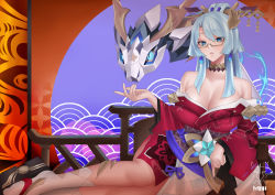 Rule 34 | 1girl, aqua eyes, aqua hair, arena of valor, artist logo, bardanv3, bare shoulders, bow, breasts, cleavage, earrings, feet, glasses, hair ornament, hairpin, japanese clothes, jewelry, kimono, large breasts, legs, long hair, looking at viewer, lying, pointing, pointing down, ponytail, solo, star (symbol), veres (arena of valor), very long hair