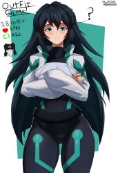Rule 34 | 1girl, 2b (nier:automata), ?, absurdres, artist name, belt, black belt, black bodysuit, black hair, blush, bodysuit, breasts, commentary, english commentary, frown, gluteal fold, green eyes, gundam, gundam build divers, gundam build divers re:rise, hammerofsolace, heart, highres, like and retweet, long hair, long sleeves, looking at viewer, may (gundam build divers re:rise), medium breasts, nier:automata, nier (series), shrug (clothing), sleeves past wrists, solo, very long hair