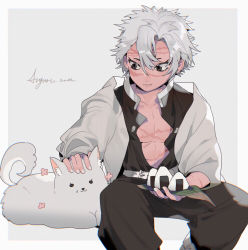 Rule 34 | 1boy, absurdres, black eyes, black pants, black shirt, border, chinese commentary, closed mouth, collarbone, commentary request, dog, feet out of frame, flower (symbol), food, grey background, grey hair, haori, highres, holding, holding food, jacket, japanese clothes, kimetsu no yaiba, leaf, long sleeves, male focus, onigiri, pants, pectorals, petting, scar, scar on chest, scar on face, shinazugawa sanemi, shirt, short hair, signature, sitting, smile, solo, taowu (20809), white border, white jacket