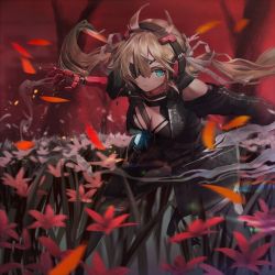 Rule 34 | 1girl, album cover, between breasts, black coat, black pants, black shirt, blonde hair, blouse, blue eyes, breasts, coat, cover, expressionless, eyepatch, floating hair, gesoking, hair between eyes, hair ribbon, hands up, headphones, highres, large breasts, long hair, long sleeves, looking at viewer, low twintails, mechanical arms, messy hair, open clothes, open coat, original, outdoors, pants, ribbon, shirt, sidelocks, single mechanical arm, standing, strap between breasts, twintails, white ribbon