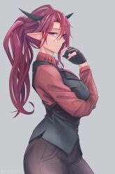 Rule 34 | 1girl, absurdres, black gloves, black vest, formal, gloves, heterochromia, highres, hololive, hololive english, horns, irys (hololive), long hair, looking at viewer, multicolored hair, partially fingerless gloves, pink eyes, pointy ears, ponytail, purple hair, red hair, smile, solo, suit, the raineman, two-tone hair, vest, virtual youtuber