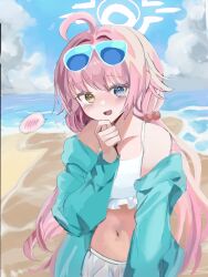 Rule 34 | 1girl, absurdres, ahoge, aqua jacket, beach, beads, bikini, blue archive, blush, ento (user jjce7387), eyewear on head, flying sweatdrops, frilled bikini, frills, hair beads, hair ornament, halo, hand on own chin, heterochromia, highres, hoshino (blue archive), hoshino (swimsuit) (blue archive), jacket, jacket partially removed, looking at viewer, navel, official alternate costume, outdoors, pink hair, smile, solo, spoken blush, stomach, swimsuit, tinted eyewear, twintails, white bikini