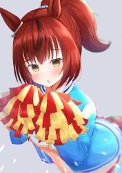 Rule 34 | 1girl, animal ears, blue jacket, blush, brown eyes, commentary request, highres, holding, holding pom poms, horse ears, horse girl, horse tail, jacket, looking at viewer, nice nature (run&amp;win) (umamusume), nice nature (umamusume), open mouth, pom pom (cheerleading), pom poms, ponytail, red hair, shiinyan, simple background, solo, tail, umamusume, white background, yellow eyes