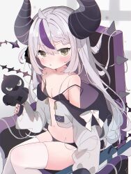 Rule 34 | 1girl, ahoge, animal, bare shoulders, bikini, bird, bird on hand, black bikini, black horns, blush, bow, braid, braided bangs, breasts, chair, cleavage, collarbone, crow, crow (la+ darknesss), demon girl, demon horns, feet out of frame, from side, grey hair, hair between eyes, hand up, highres, hololive, horns, jacket, la+ darknesss, long hair, long sleeves, looking at viewer, multicolored hair, nail polish, navel, nocchi (r ws2l), off shoulder, open clothes, open jacket, panties, parted lips, petite, pointy ears, puffy long sleeves, puffy sleeves, purple hair, purple nails, ribbon, simple background, sitting, sleeves past wrists, small breasts, solo, stomach, strap slip, streaked hair, striped horns, swimsuit, tail, thighhighs, thighs, two-tone hair, underwear, v-shaped eyebrows, very long hair, virtual youtuber, white background, white bow, white jacket, white thighhighs, yellow eyes
