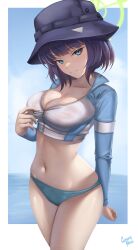 Rule 34 | 1girl, absurdres, bikini, bikini bottom only, blue archive, blue eyes, blue sky, breasts, bucket hat, caiman pool, cleavage, commentary request, green halo, halo, hat, highres, large breasts, long sleeves, navel, ocean, partially unzipped, purple hair, raglan sleeves, rash guard, saki (blue archive), saki (swimsuit) (blue archive), short hair, sky, solo, stomach, sweatdrop, swimsuit, unzipped, wet