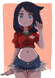 alternate_costume black_hair blue_eyes blue_shorts border colored_inner_hair creatures_(company) cropped_jacket denim denim_shorts game_freak hainchu hair_ornament hairpin hand_up highres jacket liko_(pokemon) looking_at_viewer medium_hair midriff multicolored_hair nintendo outside_border pokemon pokemon_(anime) pokemon_horizons red_background red_jacket red_shirt shirt short_sleeves shorts simple_background white_border