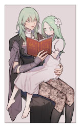 Rule 34 | 2girls, :o, aged down, barefoot, black footwear, blush, book, boots, breasts, byleth (female) (fire emblem), byleth (fire emblem), child, commentary request, dress, enlightened byleth (female), fire emblem, fire emblem: three houses, flower, garreg mach monastery uniform, green eyes, green hair, hair between eyes, hair flower, hair ornament, highres, holding, holding book, ikarin, knee boots, large breasts, long hair, multiple girls, nintendo, open book, pantyhose, parted lips, pointy ears, rhea (fire emblem), simple background, sitting, sitting on lap, sitting on person, white dress, white flower, wide sleeves