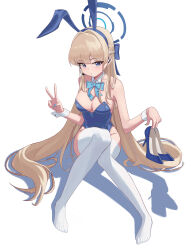 Rule 34 | 1girl, :o, absurdres, animal ears, aqua bow, aqua bowtie, bare shoulders, blonde hair, blue archive, blue bow, blue eyes, blue footwear, blue hair, blue halo, blue leotard, blue nails, bow, bowtie, braid, breasts, chise (jwhh123), cleavage, commentary request, detached collar, fake animal ears, fingernails, hair bow, halo, headset, highres, holding, holding clothes, holding footwear, leotard, long hair, looking at viewer, medium breasts, multicolored hair, nail polish, playboy bunny, rabbit ears, shoes, simple background, sitting, solo, thighhighs, toki (blue archive), toki (bunny) (blue archive), two-tone hair, v, very long hair, white background, white thighhighs