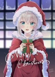 Rule 34 | 1girl, :d, absurdres, bad id, bad pixiv id, blurry, blurry background, blush, box, capelet, chili-tomato (gekikaraya), christmas, commentary request, cowboy shot, dated, depth of field, dress, earrings, fate (series), fur-trimmed headwear, fur trim, gift, gift box, gray (fate), green eyes, hair between eyes, hands up, hat, highres, holding, holding box, holding gift, jewelry, long sleeves, looking at viewer, lord el-melloi ii case files, merry christmas, open mouth, red dress, red hat, santa costume, santa hat, short hair, signature, smile, solo