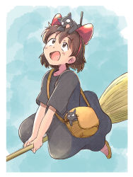 Rule 34 | 1girl, :d, animal, animal on head, bag, black cat, blue sky, bow, broom, broom riding, brown hair, cat, cat on head, day, dress, flying, full body, hair bow, hairband, highres, jiji (majo no takkyuubin), kiki (majo no takkyuubin), majo no takkyuubin, on head, open mouth, outdoors, red bow, red hairband, shoes, short hair, sky, smile, tsubobot, witch