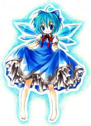 Rule 34 | ahoge, barefoot, blue eyes, blue hair, bow, cirno, clothes lift, curtsey, embodiment of scarlet devil, feet, shinsui uri, short hair, skirt, skirt lift, solo, touhou, traditional media, wings