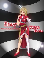 Rule 34 | antennae, bass clef, belt, blonde hair, breast pocket, dress, eighth note, english text, gloves, highres, kneehighs, mandarin collar, monochrome background, music, musical note, natural sign, note rest, outline, personification, pocket, reaching, reaching towards viewer, red dress, red eyes, red footwear, red outline, ring mail, shiro kagerou, short hair, singing, single glove, single sock, sinsy, sinsy-tan, socks, spotlight, striped, striped background, thigh strap, thighs, treble clef, utauloid, white gloves, white trim, wristband