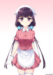 Rule 34 | 1girl, apron, arm behind back, artist name, blend s, blush, brown hair, closed mouth, commentary request, employee uniform, frilled apron, frills, gloves, gradient background, head scarf, highres, long hair, looking at viewer, low twintails, pink shirt, pink skirt, pleated skirt, pom pom (clothes), puffy short sleeves, puffy sleeves, purple eyes, rumaki, sakuranomiya maika, shirt, short sleeves, skindentation, skirt, smile, solo, thighhighs, twintails, uniform, very long hair, waist apron, waitress, white apron, white gloves, white thighhighs