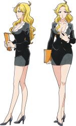 Rule 34 | 1girl, bare legs, black footwear, black jacket, black skirt, blonde hair, breasts, business suit, character sheet, cleavage, cleavage cutout, clothing cutout, formal, full body, high heels, jacket, long hair, long legs, miniskirt, mole, mole under mouth, no socks, office lady, official art, pencil skirt, pumps, secretary, simple background, skirt, skirt suit, solo, standing, suit, tagme, tenchi souzou design-bu, transparent background, ueda (tenchi souzou design-bu)