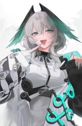 Rule 34 | 1girl, absurdres, aqua eyes, aqua nails, arknights, black wings, dress, feathered wings, fingernails, grey hair, hair between eyes, hashtag-only commentary, head wings, highres, ho&#039;olheyak (arknights), index finger raised, long fingernails, looking at viewer, medium hair, oyabuli, sharp fingernails, simple background, sleeves past wrists, solo, teeth, tongue, tongue out, upper body, upper teeth only, white background, white dress, wings