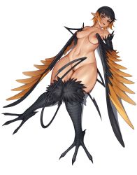 Rule 34 | 1girl, bird legs, black feathers, black wings, breasts, cinko, cleft of venus, commentary, commission, feathered wings, feathers, grey eyes, harpy, highres, knees together feet apart, lying, monster girl, navel, nipples, nude, on back, orange feathers, orange wings, original, pointy ears, pussy, short hair, sidelocks, simple background, small breasts, solo, tail, talons, tongue, tongue out, two-tone wings, uncensored, white background, winged arms, wings