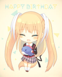 Rule 34 | &gt; &lt;, 1girl, :d, ^ ^, aiyan, black ribbon, blonde hair, blush, chibi, closed eyes, commentary request, confetti, eyelashes, facing viewer, grey skirt, hair between eyes, hair ribbon, happy, happy birthday, holding, holding stuffed toy, little busters!, little busters! school uniform, long hair, low-tied long hair, miniskirt, open mouth, plaid, plaid skirt, pleated skirt, ribbon, school uniform, simple background, skirt, smile, socks, solo, standing, straight hair, stuffed animal, stuffed dolphin, stuffed toy, tokido saya, two side up, very long hair, white ribbon, white socks, yellow background