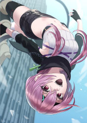 Rule 34 | 1girl, absurdres, building, crop top, day, falling, fingerless gloves, gloves, headband, heaven burns red, highres, long hair, long sleeves, looking at viewer, matsuoka chiroru, midriff, navel, nil (pixiv 53614557), open mouth, outdoors, pink hair, red eyes, scarf, shirt, shorts, sky, sleeveless, sleeveless shirt, smile, solo, thighhighs
