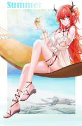 Rule 34 | 1girl, absurdres, arknights, bare shoulders, beach, blue sky, bracelet, breasts, cleavage, closed mouth, cup, day, detached sleeves, food, hair ornament, hair rings, hammock, highres, holding, holding cup, ice cream, jewelry, knee up, large breasts, long hair, long sleeves, looking at viewer, minuolin, nail polish, official alternate costume, outdoors, outside border, purple eyes, red hair, red nails, sandals, sky, smile, solo, star (symbol), star hair ornament, sundae, sunlight, surtr (arknights), surtr (colorful wonderland) (arknights), thigh strap, toenail polish, toenails, very long hair