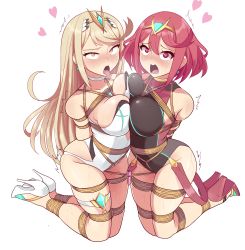 Rule 34 | 2girls, absurdres, angry, bagelbomb, bdsm, blonde hair, blush, bondage, bound, breasts, competition swimsuit, crotch rope, earrings, gem, hair ornament, headpiece, heart, heart-shaped pupils, highres, jewelry, long hair, multiple girls, mythra (radiant beach) (xenoblade), mythra (xenoblade), nervous, nintendo, one-piece swimsuit, open mouth, pyra (pro swimmer) (xenoblade), pyra (xenoblade), sex toy, shibari, sweat, sweatdrop, swimsuit, symbol-shaped pupils, tiara, tongue, tongue out, very long hair, vibrator, wet, xenoblade chronicles (series), xenoblade chronicles 2